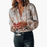 Vionette – blusa femenina con lentejuelas y mangas largas