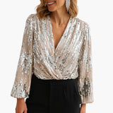 Vionette – blusa femenina con lentejuelas y mangas largas