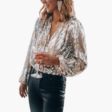 Vionette – blusa femenina con lentejuelas y mangas largas